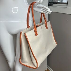 Kate Spade Large Beige Canvas Orange Leather Trim Tote Bag - New